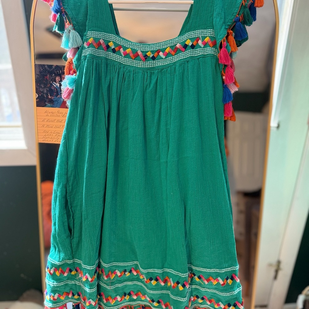 Sincerely Jules Teal Embroidered Tassel Mini Dress